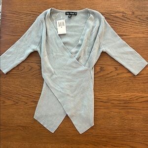 Light Blue Ribbed Wrap Top 3/4 sleeve vneck half sleeve sweater look blouse